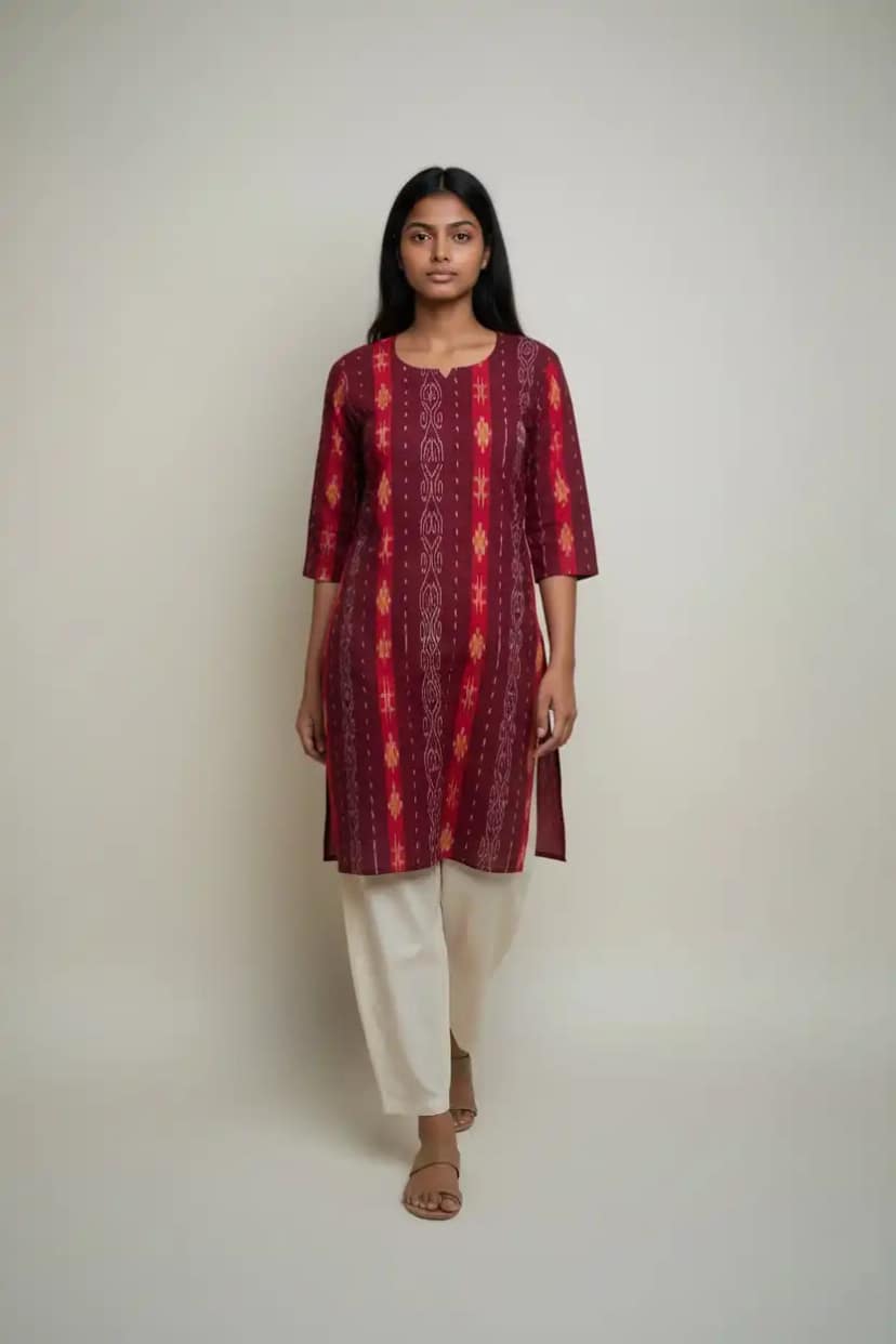 Handwoven Sambalpuri Cotton Kurti in Red with Bandha Tie-Dye view 4
