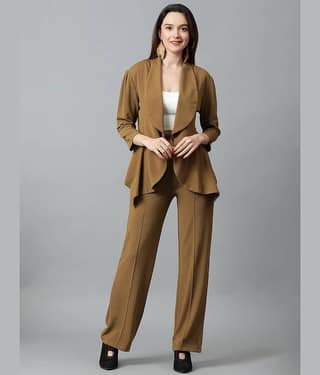 kotty Women Solid Blazer With Trousers Co-Ord Set ( Brown )