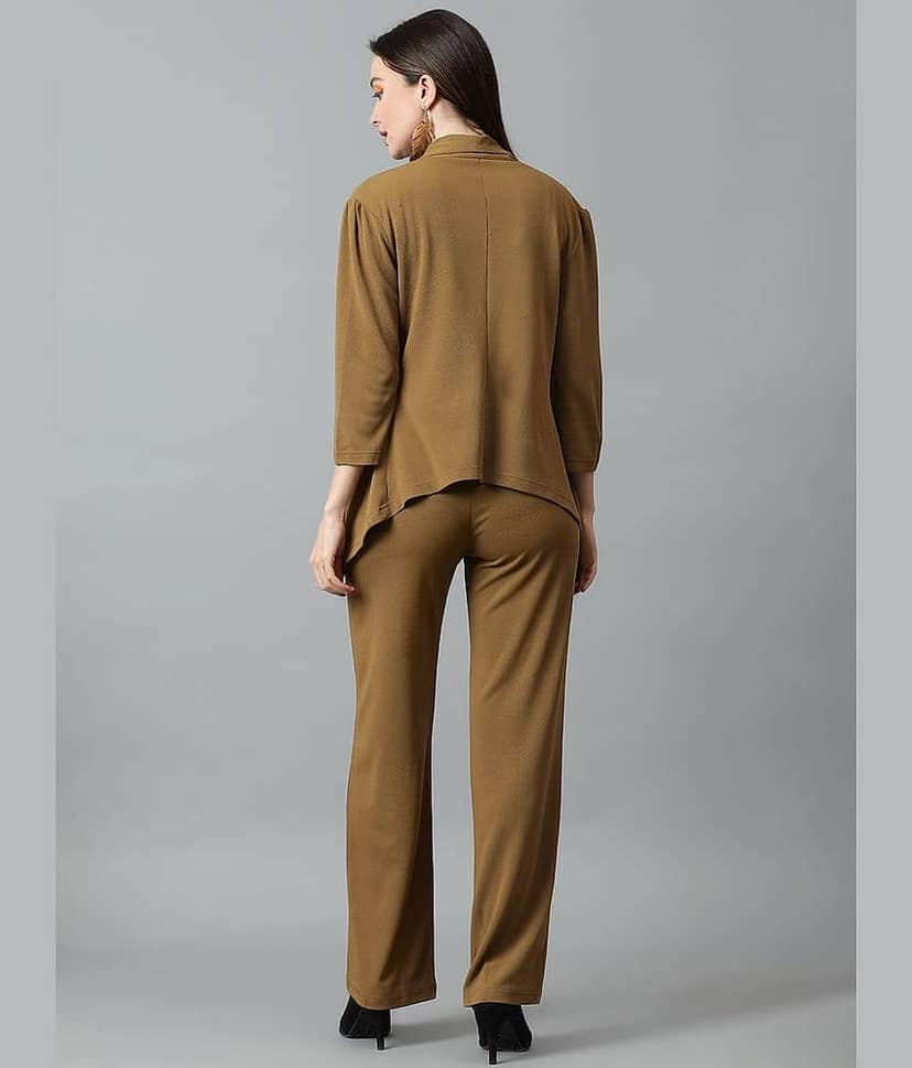 kotty Women Solid Blazer With Trousers Co-Ord Set ( Brown ) view 2