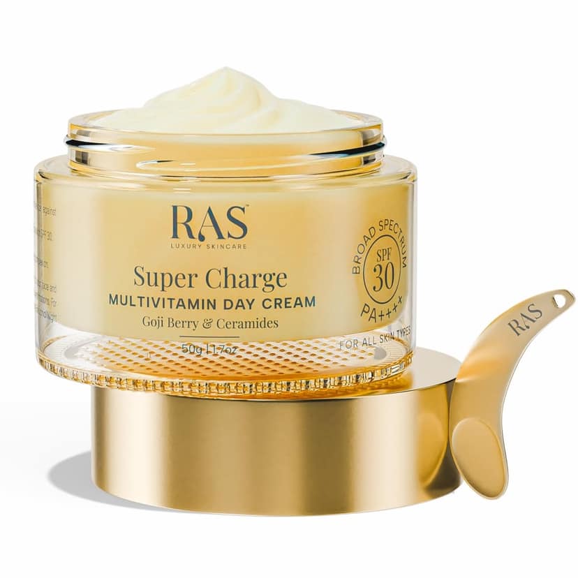 Ras Luxury Oils Super Charge Day Cream SPF 30 PA++++ with Goji Berry & Ceramides | UVA UVB Protection Face Cream for Women & Men Daily Use | Moisturizer for Glowing Skin, 72Hr Hydration | for Normal, Oily, Dry & Combination Skin Ras Luxury Oils Super Cha