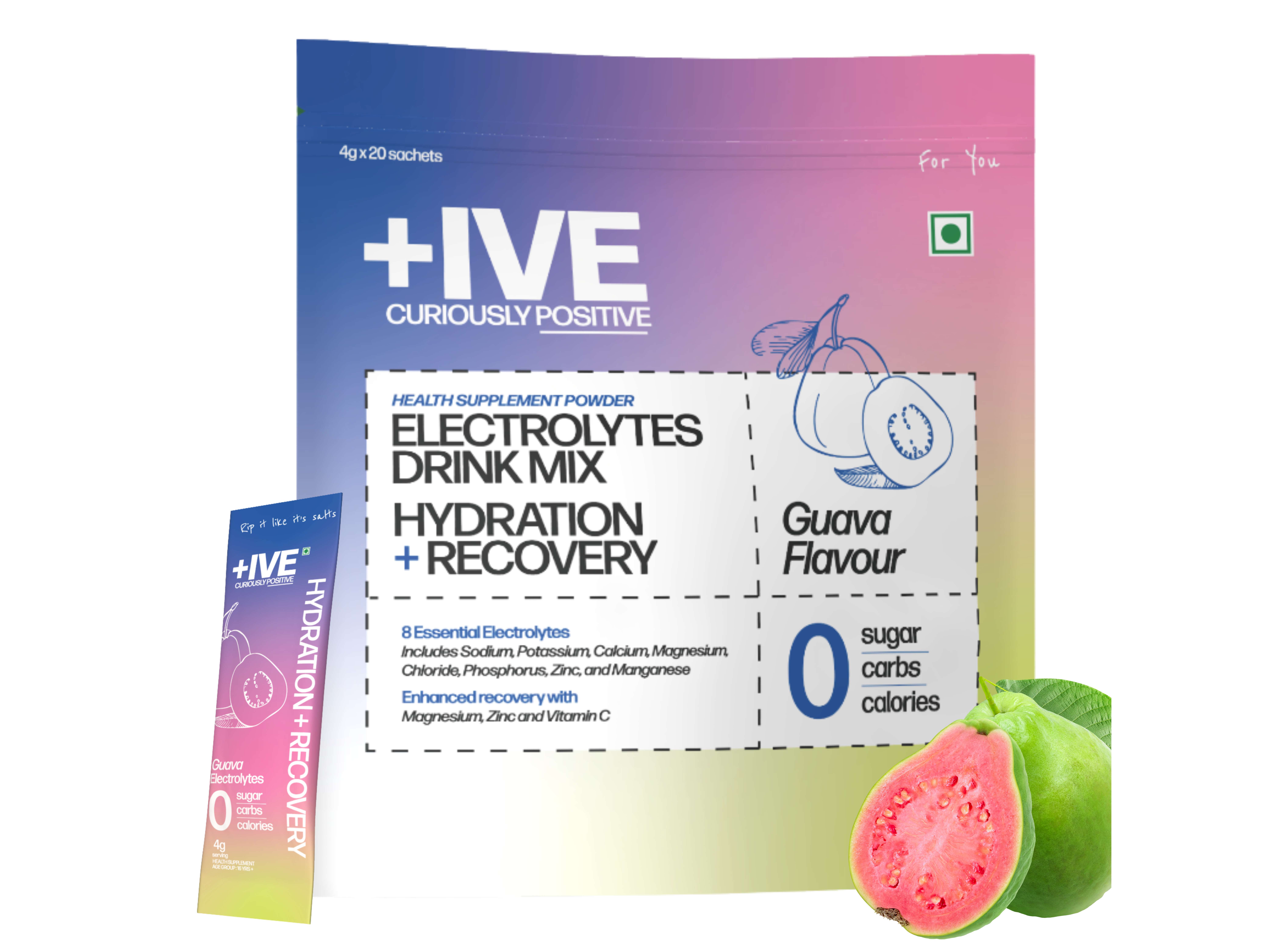 Curiously +IVE Electrolytes Drink Mix - Guava Flavour Pack - 80gm (4g x 20 Sachet)| Zero Sugar, Zero Carbs, Zero Calories, Hydration + Recovery Supplement