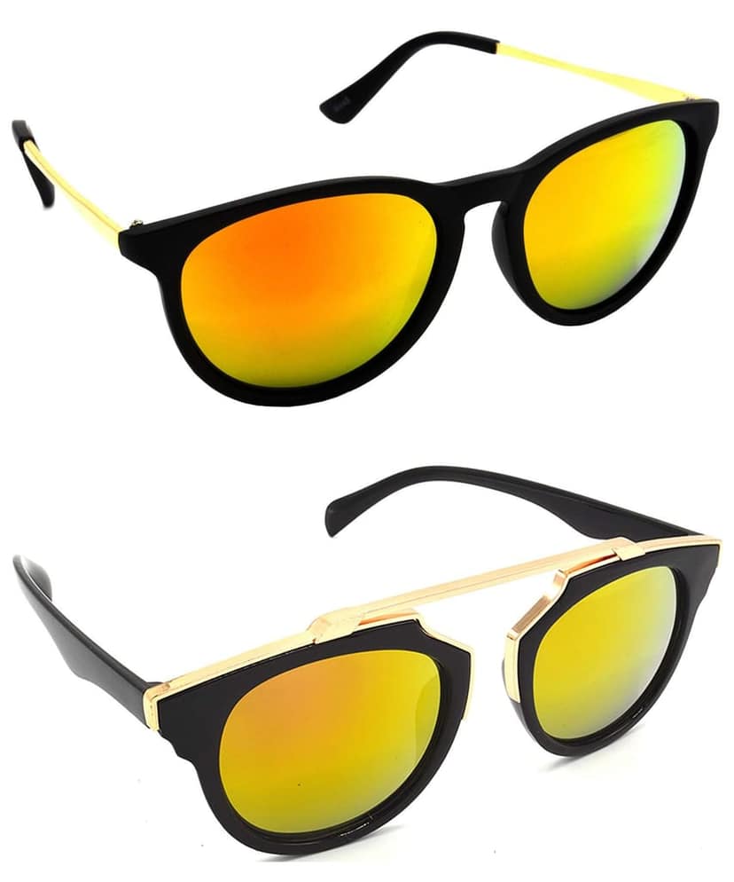 HRINKAR Unisex Round Sunglasses Golden Frame, Golden Lens (Medium) - Pack of 2