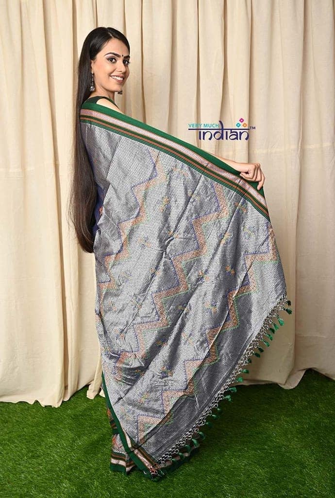 Traditional Khun Saree – Cotton Resham Authentic Handwoven, Mystic Grey with Kashida Work – Green Border view 4