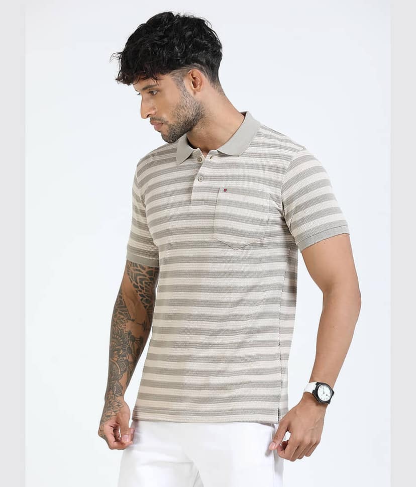 Cool Colors Men Cotton Blend Slim Fit Striped Polo T Shirt ( Cream ) view 3