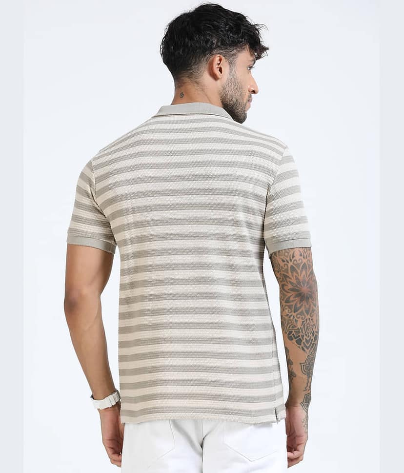Cool Colors Men Cotton Blend Slim Fit Striped Polo T Shirt ( Cream ) view 4