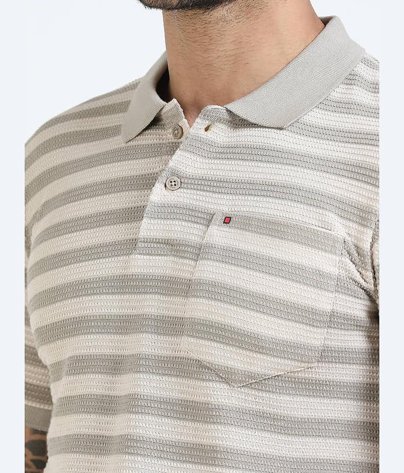 Cool Colors Men Cotton Blend Slim Fit Striped Polo T Shirt ( Cream ) view 5