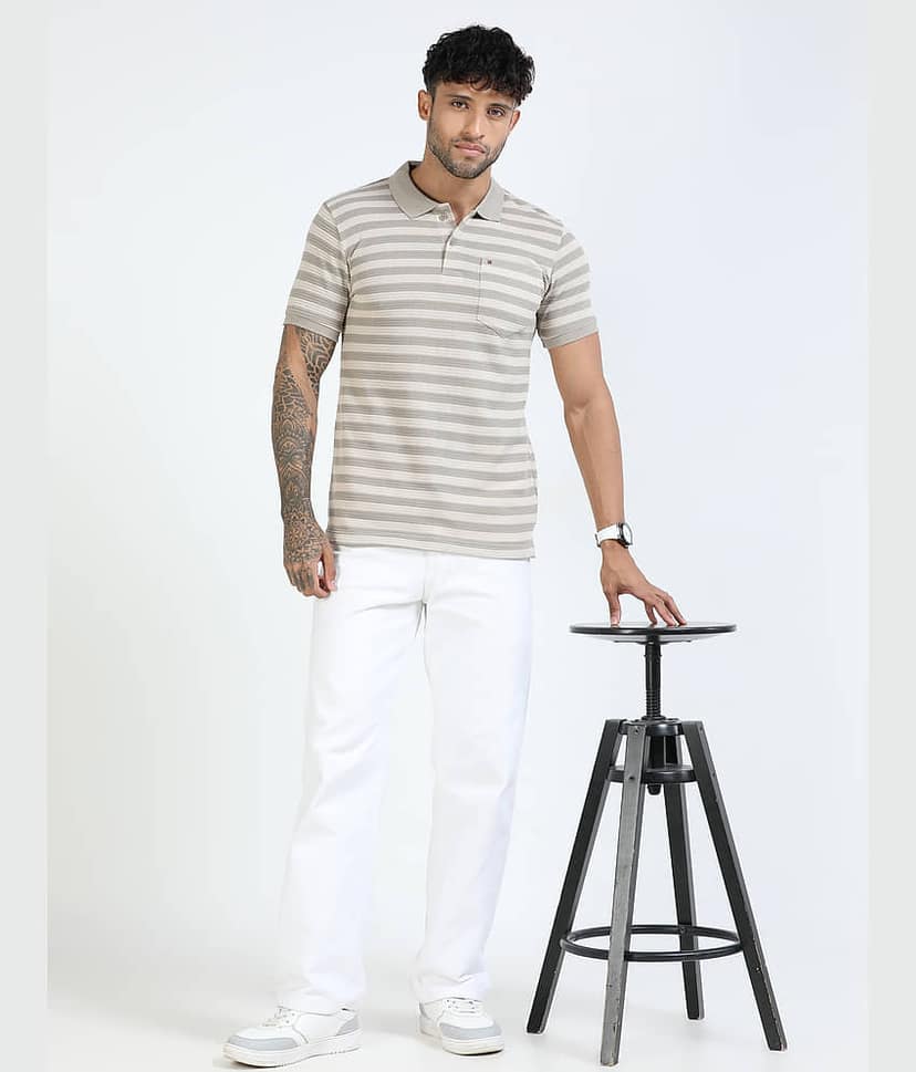 Cool Colors Men Cotton Blend Slim Fit Striped Polo T Shirt ( Cream ) view 6