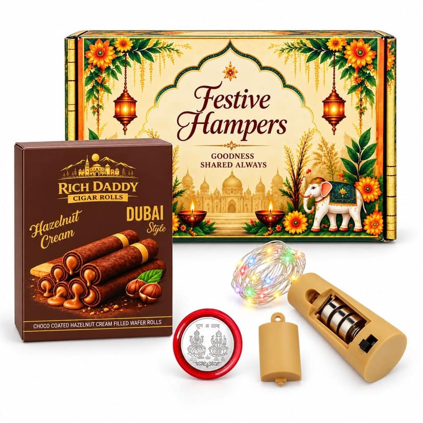 Multicolour Copper Wire Lights & Hazelnut Wafer Rolls Festive Gift Hamper view 2