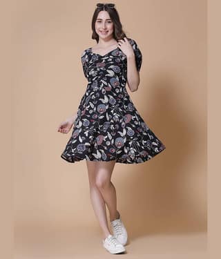 GOD BLESS Women Rayon Printed Fit & Flare Dress ( Black )
