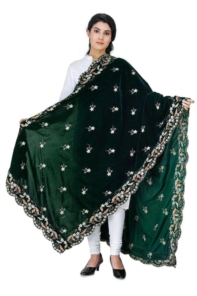 Deep-Forest Velvet Dupatta from Amritsar with Embroidered Flowers and Sequins view 3