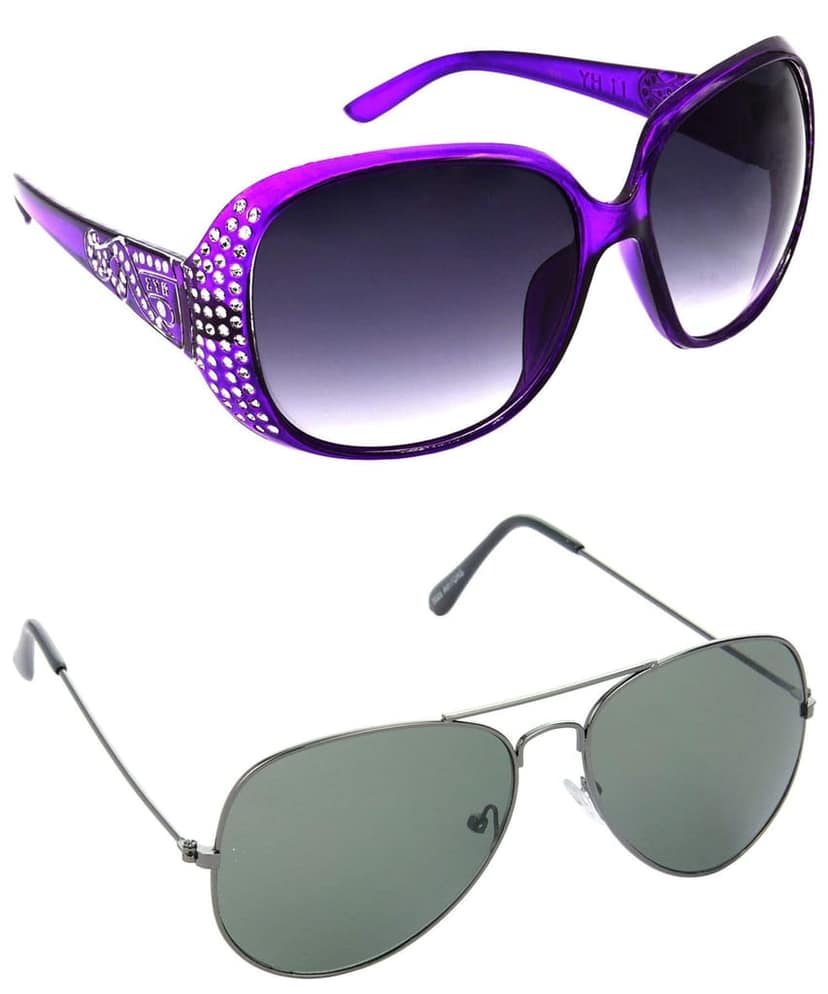 Hrinkar Unisex Round Sunglasses Violet & Grey Frame, Grey & Green Lens (Large) - Pack of 2