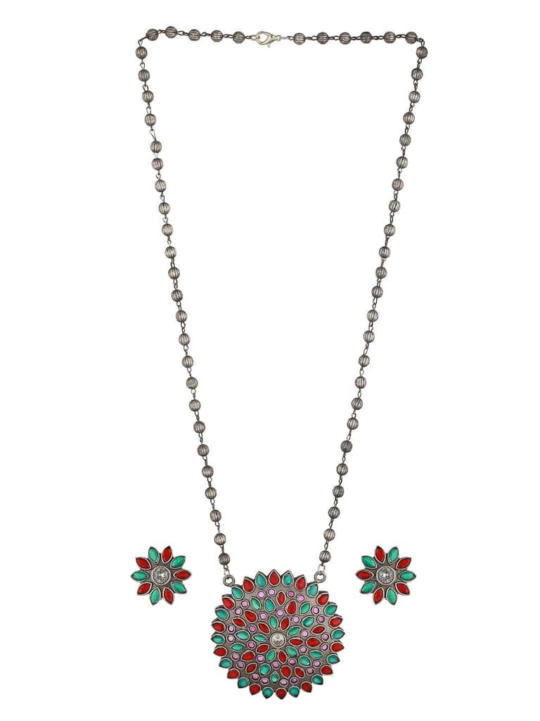 Oxidised Red & Green Stone Studded Pendant Jewellery Set view 2