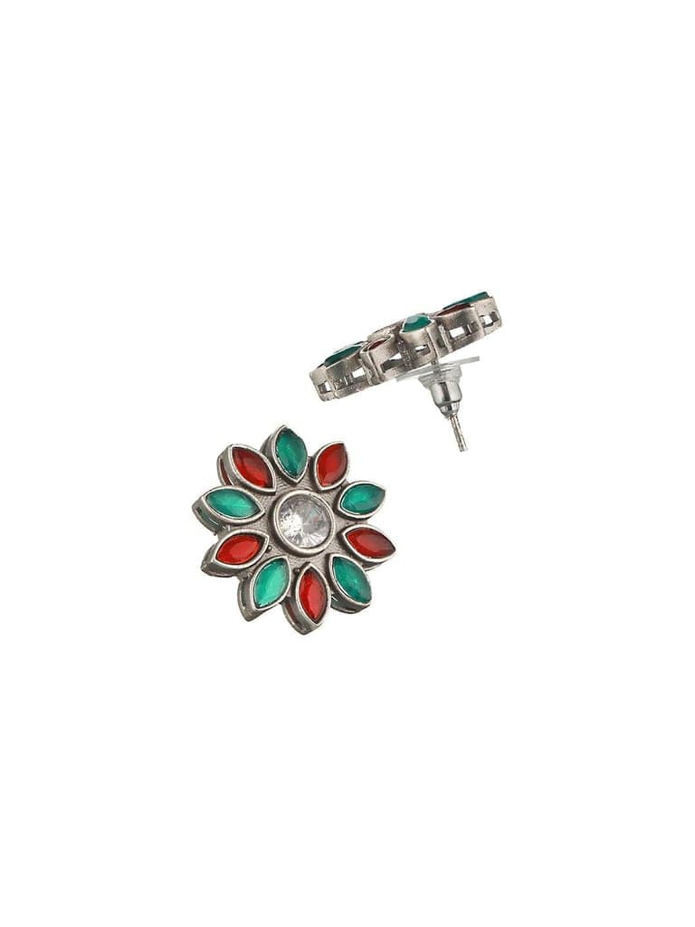 Oxidised Red & Green Stone Studded Pendant Jewellery Set view 4