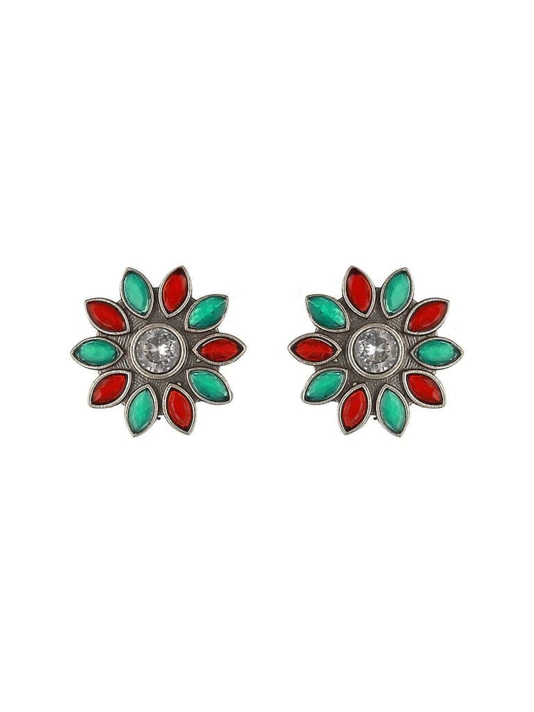 Oxidised Red & Green Stone Studded Pendant Jewellery Set view 6