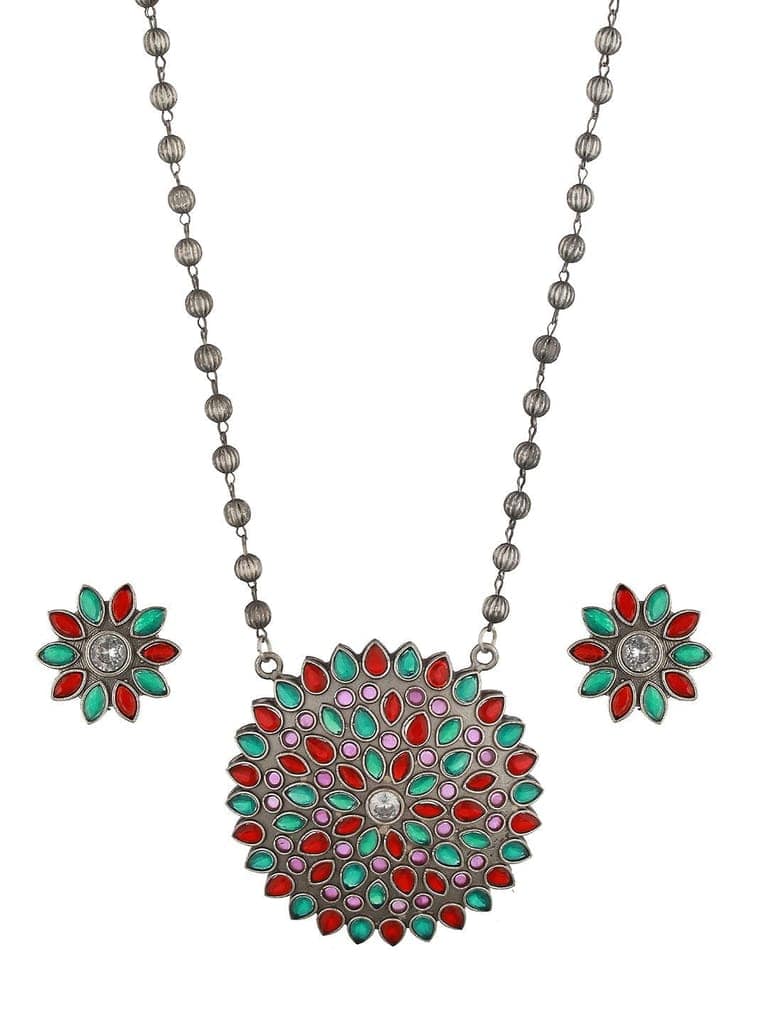 Oxidised Red & Green Stone Studded Pendant Jewellery Set view 7