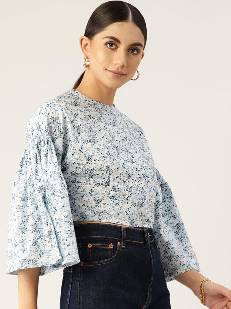 White & Blue Floral Print Cotton Crop Top view 3