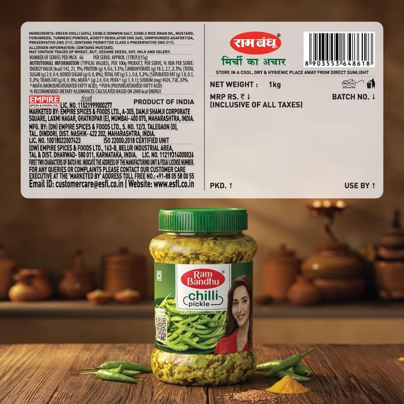 Ram Bandhu Chilli Pickle 1 kg Pack | Pack of 1 |Spicy & Tangy Green Chilli Achar Made with Authentic Spices | Traditional Taste | Hygienically Packed | Perfect Companion for Indian Meals | Parathas & Snacks view 3