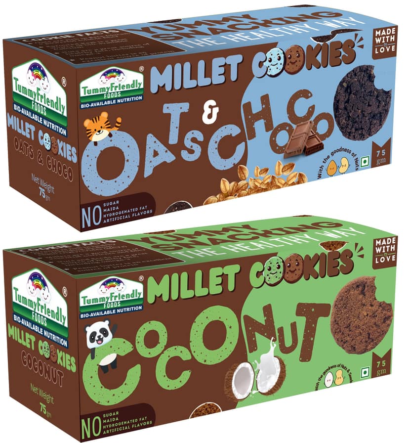 Tummy Friendly Foods Millet Cookies - CoconutOatsChoco- Pack of 2 - 75g each. Healthy Ragi Biscuits, snacks for Baby, Kids & Adults