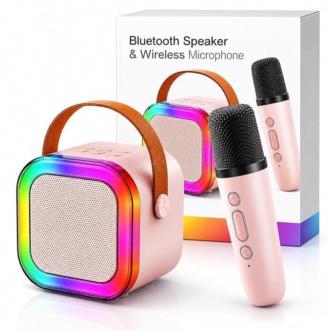All-in-One Karaoke Machine with Wireless Microphone, Portable Bluetooth Speaker, RGB Dancing Lights & Voice Effects – Pink view 2