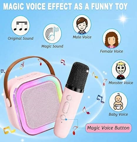 All-in-One Karaoke Machine with Wireless Microphone, Portable Bluetooth Speaker, RGB Dancing Lights & Voice Effects – Pink view 3