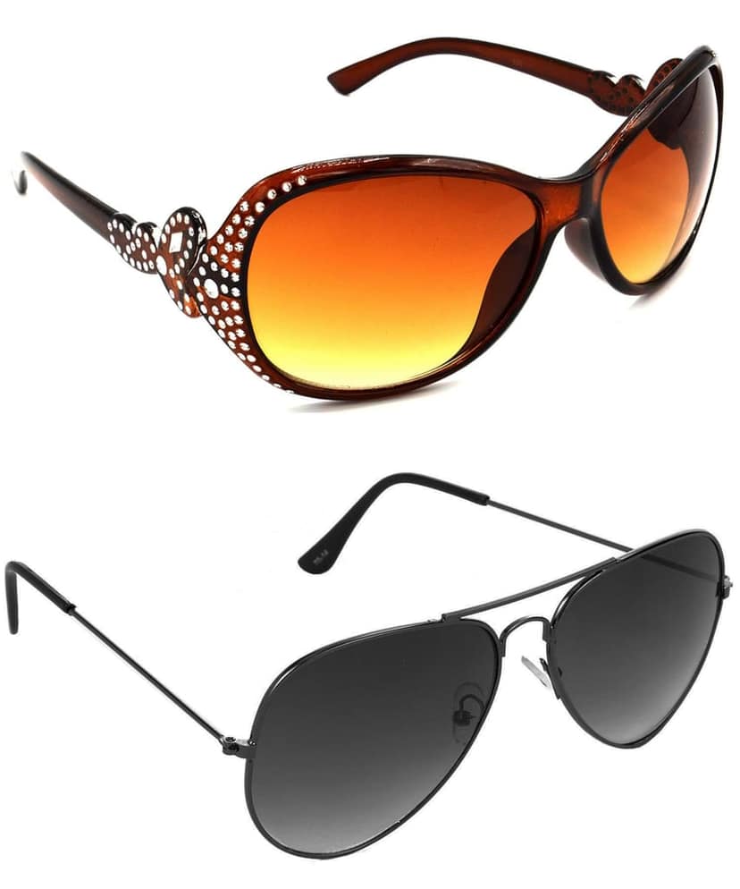 Hrinkar Unisex Round Sunglasses Silver & Grey Frame, Brown & Grey Lens (Medium) - Pack of 2