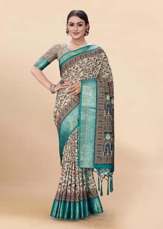 Digital Printed Cotton Saree in Light Green