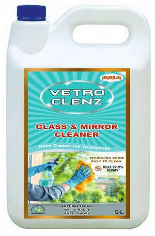 Glass Cleaner (Vetro Clenz- 5L) | Suitable for All types of Glass and mirror Surfaces | Kills 99.9% Germs| Alcohol Free| Water based| No harsh chemicals