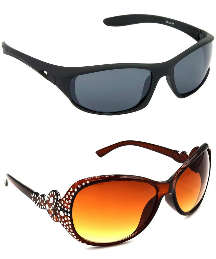 HRINKAR Unisex Adult Sports Sunglasses Black & Silver Frame, Grey & Brown Lens (Medium) - Pack of 2