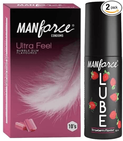 Manforce Ultra Feel Bubblegum Flavoured Condoms – 10 Pieces AND Manforce Lube Lubrication Gel for Men & Women Water-Based Gel Skin-Friendly Safe to Use with Condoms Strawberry Flavoured 60ml