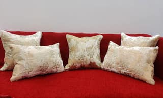 Ivory Golden Cushion Cover with Leaf Embroidered Stitched Zippered Velvet Combo Cushion Cover (16x16 inch and 30 x 45 cm) Set of 5