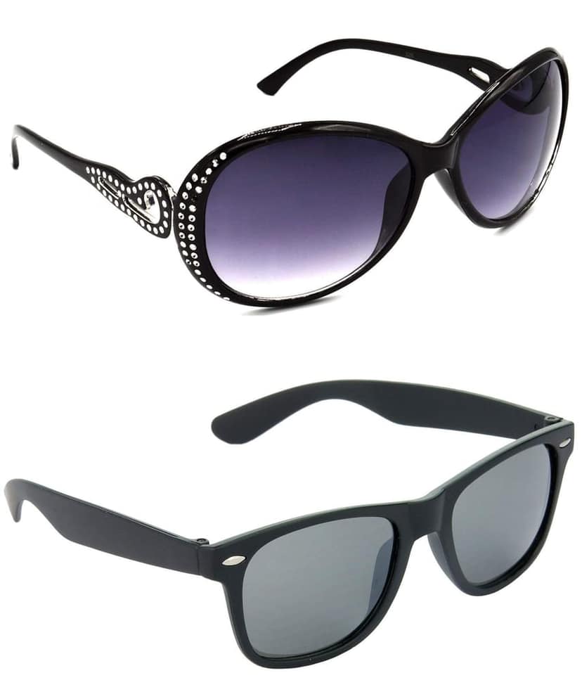 Hrinkar Unisex Round Sunglasses Silver & Black Frame, Grey & Black Lens (Medium) - Pack of 2