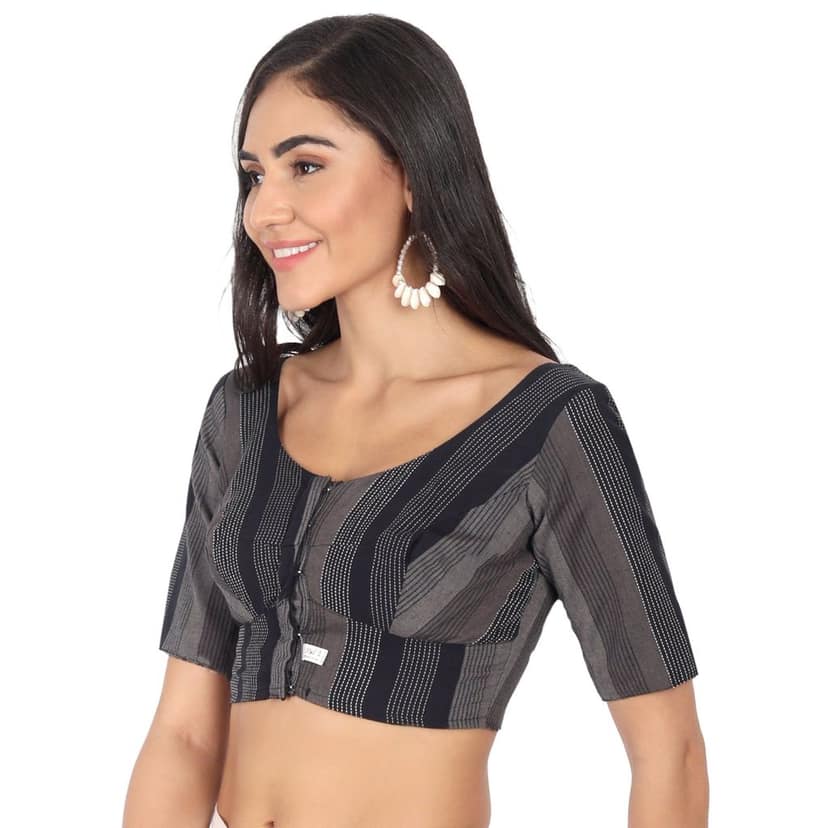 Cotton Stripe Normal Elbow Length Sleeve Blouse, Black view 3