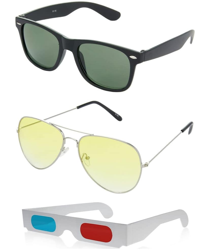 HRINKAR Rectangular And Pilot Stylish Sunglasses For Men And Women (Green And Yellow Lens | Black And Silver Frame - HCMB297) With Free Paper 3D Glass