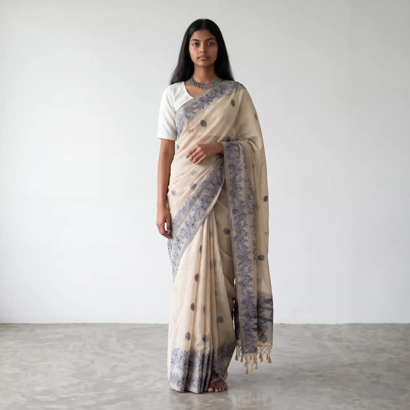Handwoven Sambalpuri Baandha Ikat Cotton Saree in Ivory and Indigo