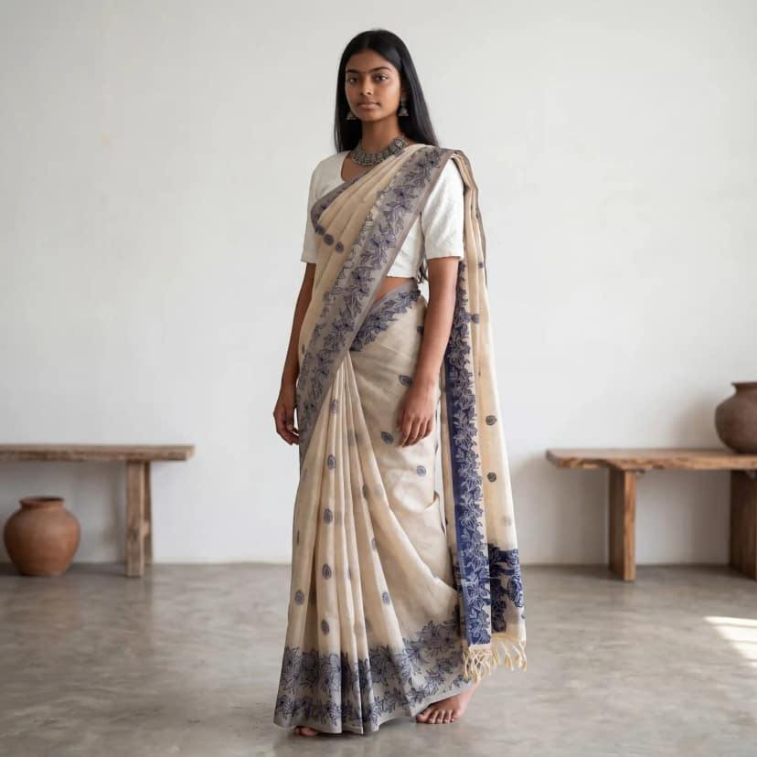 Handwoven Sambalpuri Baandha Ikat Cotton Saree in Ivory and Indigo view 2