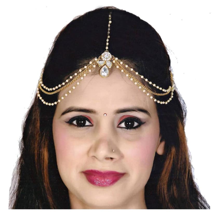 Lucky Jewellery Casual Bridal Dulhan Kundan White Color Stone Moti Maang Tikka Pearl Matha Patti for Girls & Women view 2