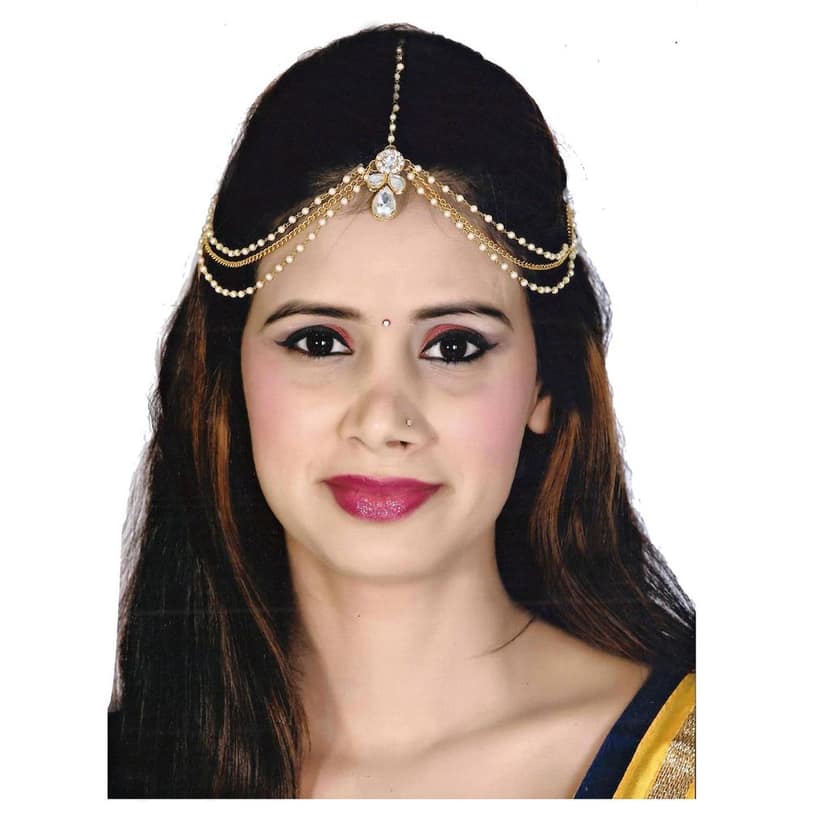 Lucky Jewellery Casual Bridal Dulhan Kundan White Color Stone Moti Maang Tikka Pearl Matha Patti for Girls & Women view 3