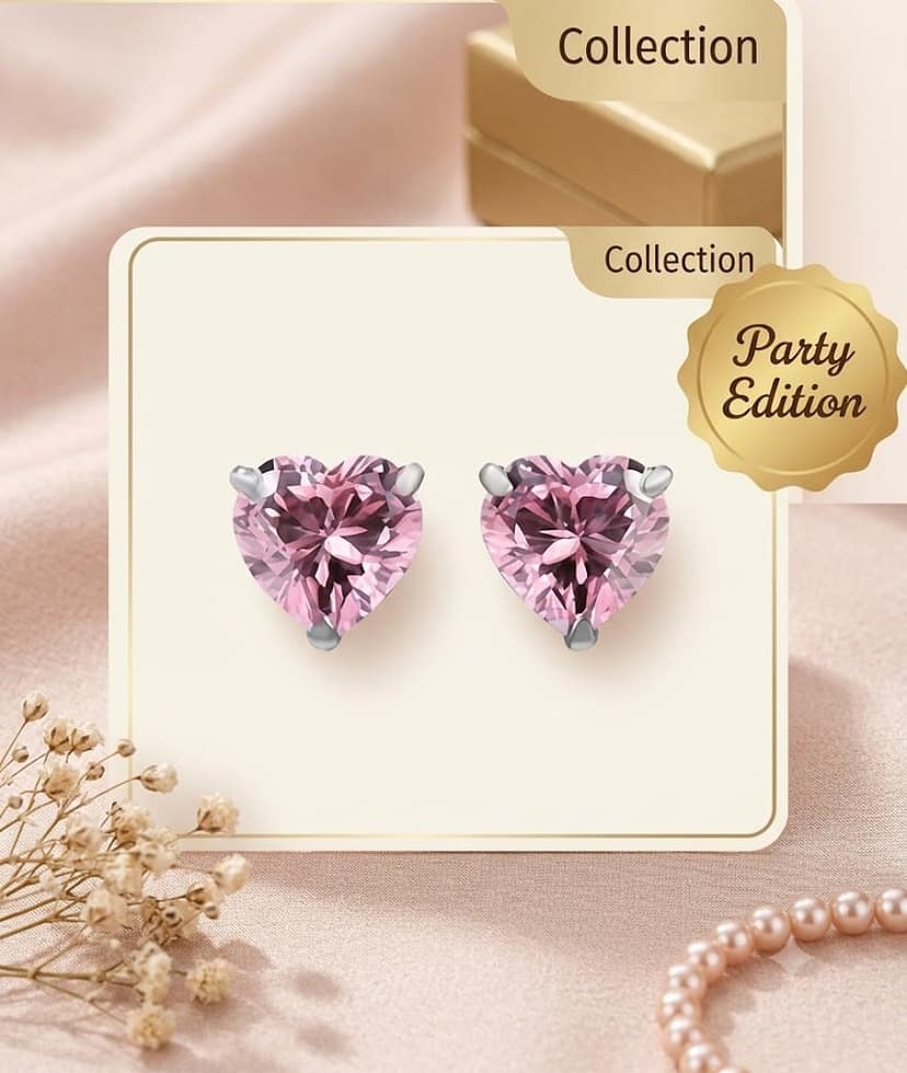 Dazzling Cubic Zirconia Pink Heart Stud Earrings for Women,Teen Girls & Kids Romantic Heart-Shaped Diamond Like Stud Earrings Pair of 1 view 3
