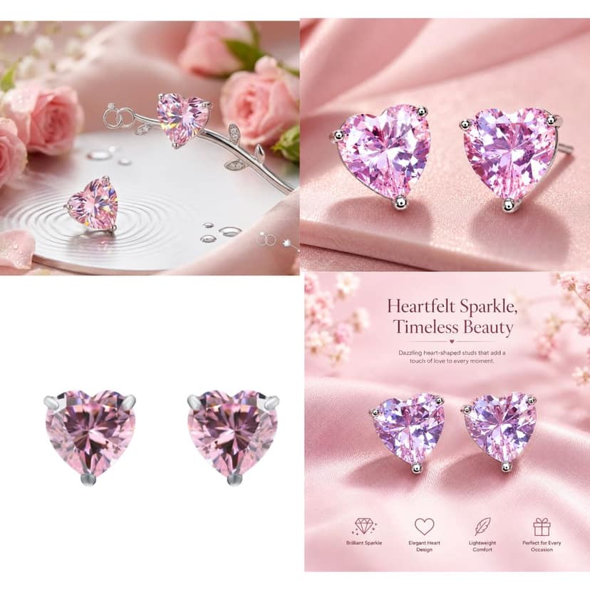 Dazzling Cubic Zirconia Pink Heart Stud Earrings for Women,Teen Girls & Kids Romantic Heart-Shaped Diamond Like Stud Earrings Pair of 1 view 4