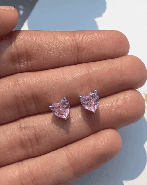 Dazzling Cubic Zirconia Pink Heart Stud Earrings for Women,Teen Girls & Kids Romantic Heart-Shaped Diamond Like Stud Earrings Pair of 1 view 5