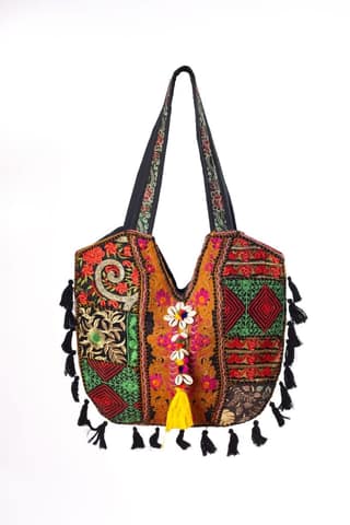 Bohemian Embroidered Tote Shoulder Bag with Tassels, Handmade Ethnic For Women