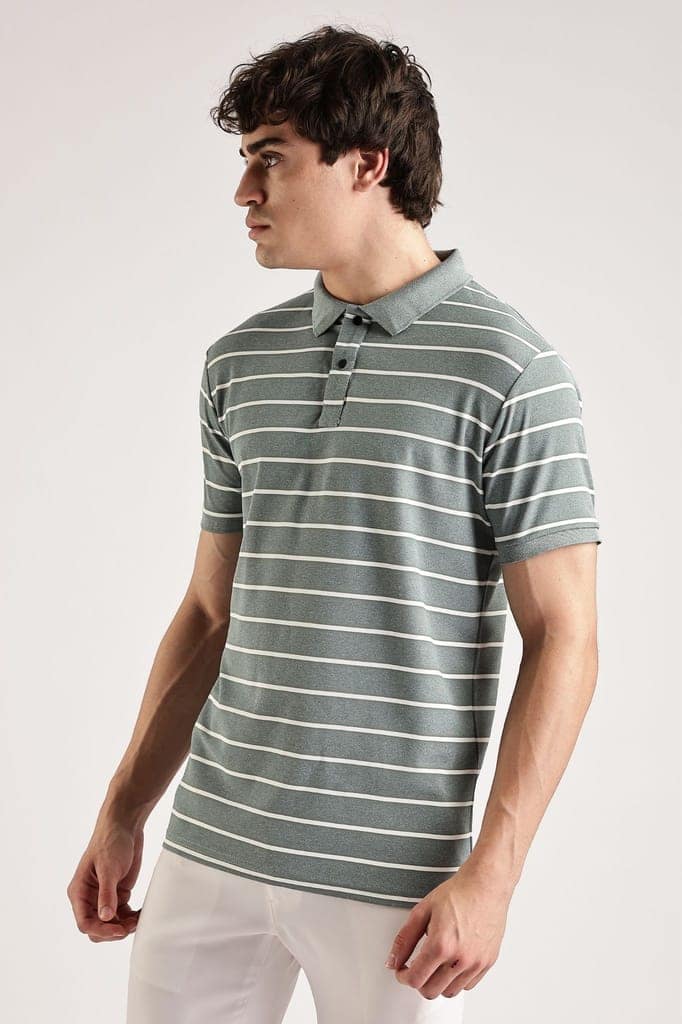 Pollycotton Olive Striped Polo view 3
