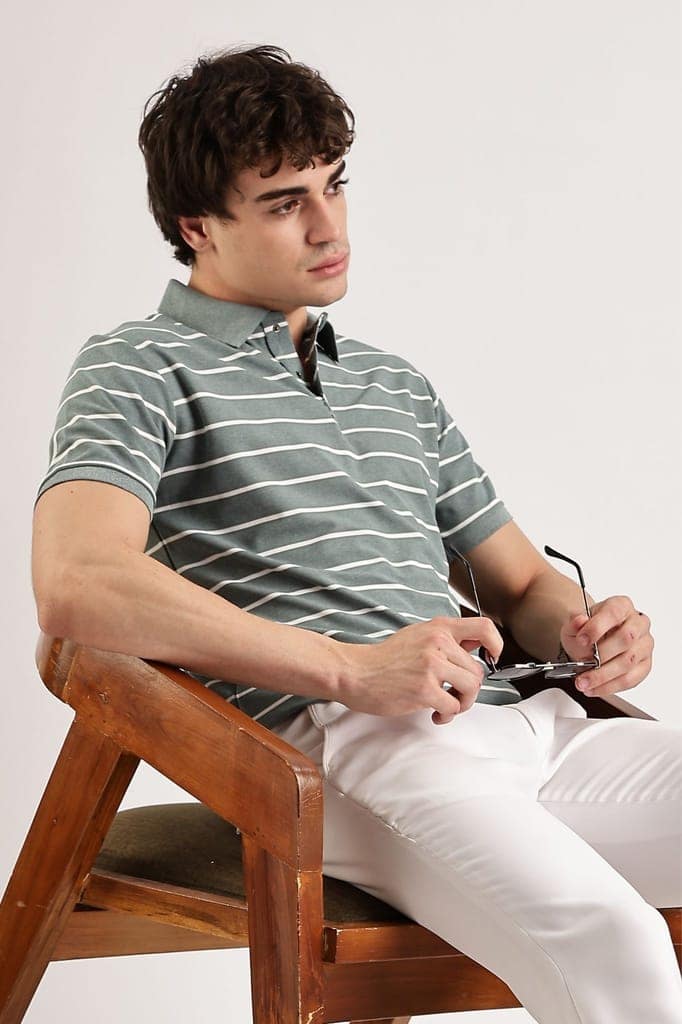 Pollycotton Olive Striped Polo view 4