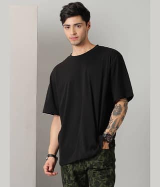 RodZen Cotton Blend Oversized Fit Solid Half Sleeves Men's Round T-Shirt - Black ( Pack of 1 )