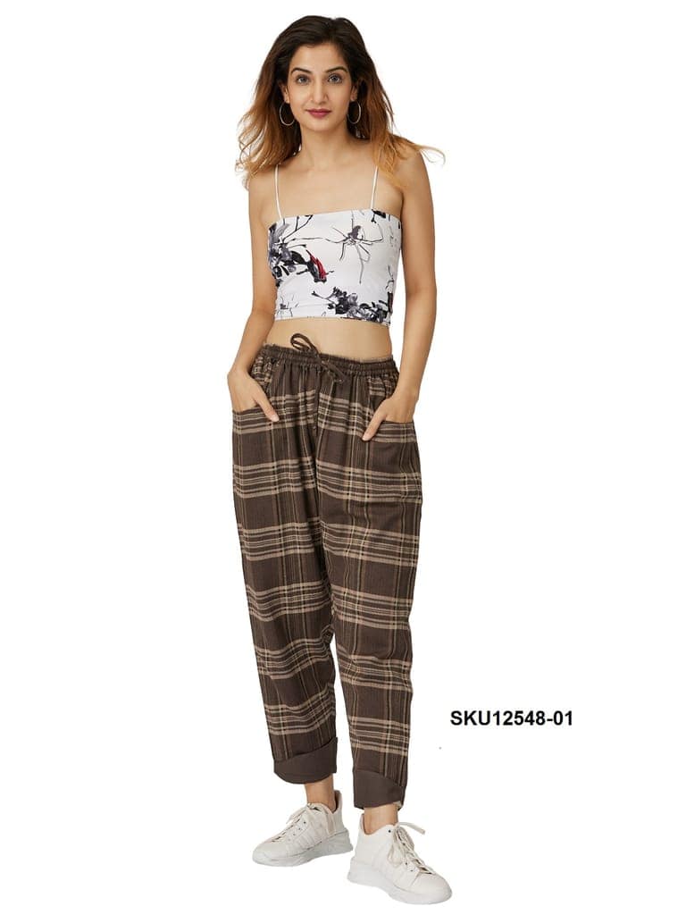 Women's Brown Plaid Cotton Casual Trousers with Elasticated Waist view 5