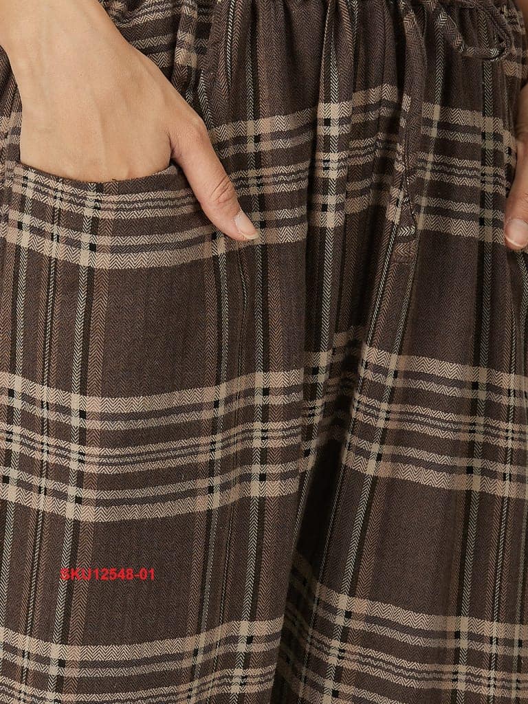Women's Brown Plaid Cotton Casual Trousers with Elasticated Waist view 7