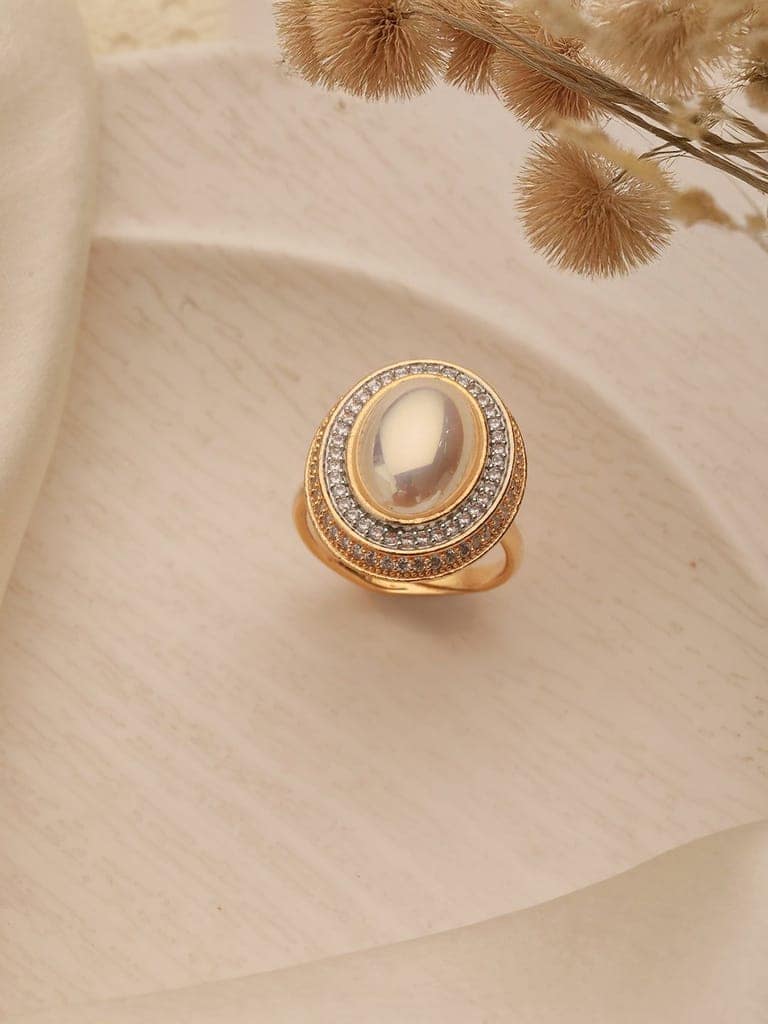 Gold Toned Off White Pearl Studded Engagement Designer Oval Adjustable Finger Rings view 2
