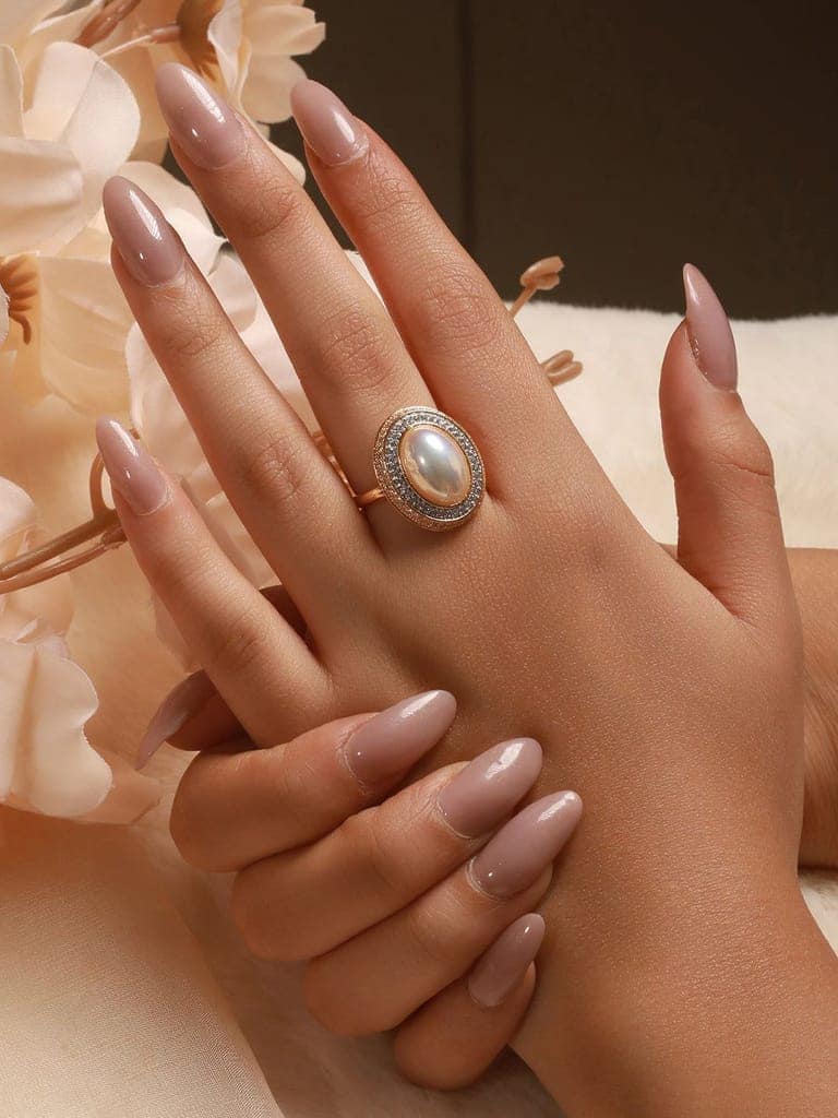 Gold Toned Off White Pearl Studded Engagement Designer Oval Adjustable Finger Rings view 4