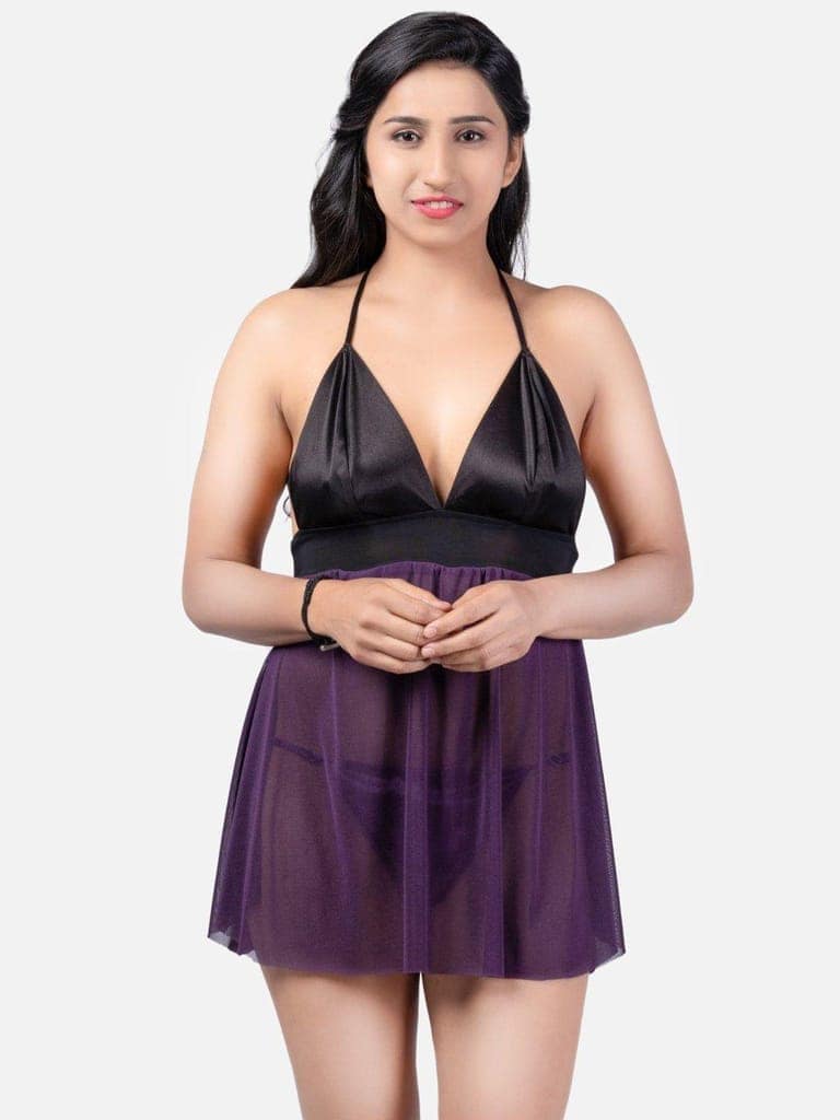 Sheer Net Hot Purple Babydoll Bikini Night Dress for Honeymoon K13KJ