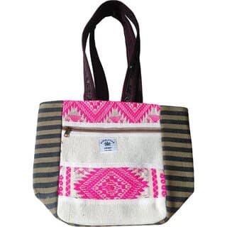 Handcrafted Hemp Tote Bag with Pink Ethnic Motif